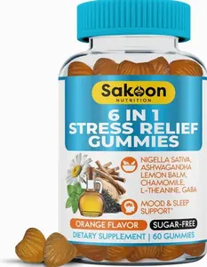 6-in-1 Stress Relief Gummies 60ct - Aids Relaxation with Ashwagandha, GABA, L-theanine, Lemon Balm, Chamomile, Black Cumin Seed Nigella Sativa. Improved Deep Sleep, Joint Support - 60 gummies