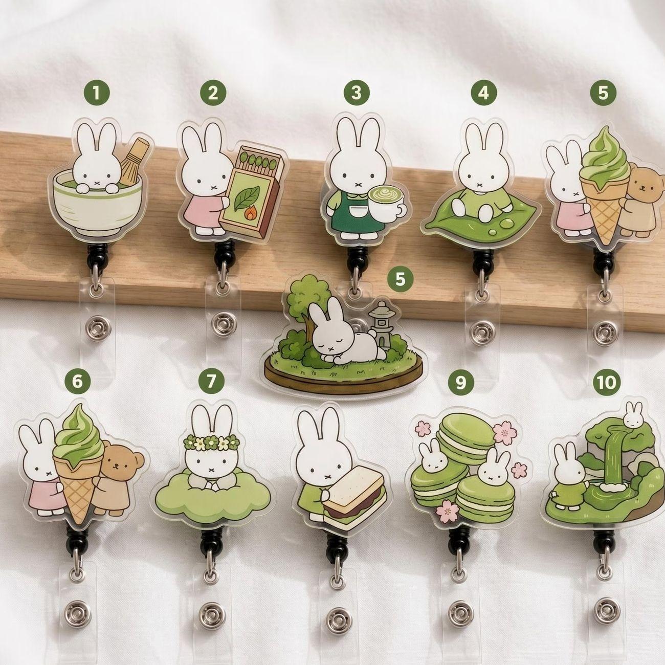Cute Matcha Bunny Badge Reel Kawaii Green Rabbit Nurse ID Holder Teacher Gift
