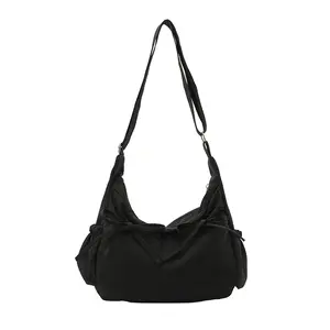 Vintage Nylon Ruched Crossbody   Women, Large Capacity Single Shoulder Purse With Bow Decoration Multiple Zippered Compartments, Sturdy Durable Multi-Functional Casual  Ideal  School Commute Daily Life Vacation And Perfect Gift Choice bag for