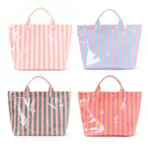 Fashiona Casual PVC Wind Color Striped Tote Bag, 1pc Women's Large Capacity Shopping Bag, Magnetic Closure Versatile Handbag, Waterproof Storage Bag, Suitable for Commuting And Travel Storage Bag Beach Vacation