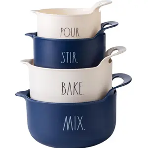Non-Slip Mixing Bowls - 4 Piece Nesting Plastic Mixing Bowl Set with Pour Spouts and Handles-Measurement Markings (Cream)