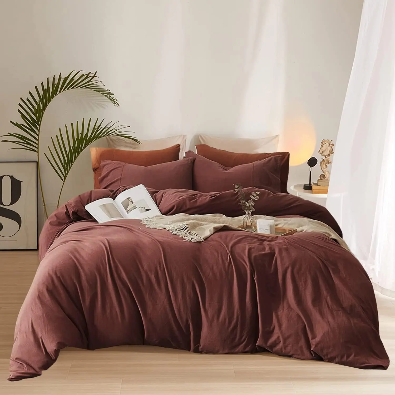 Women's King Size 1-Brick Red Cotton Bedding Set - Durable, Wrinkle-Resistant, Fade-Resistant, All-Seasons Set with Dark Rust Comforter, Plain Purplish Quilt, Blackish Warm Blanket