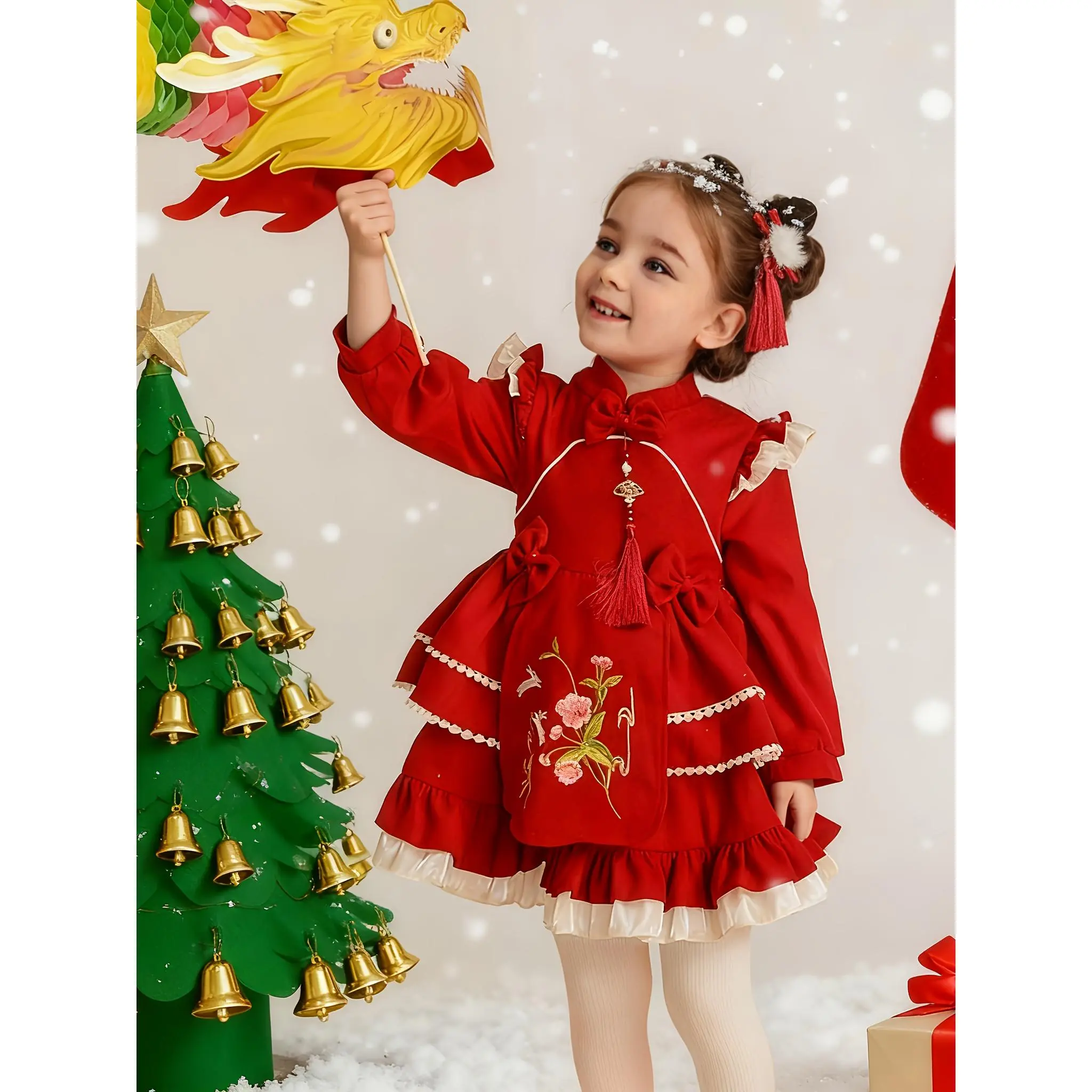 Winter Party Outfit - Girls' Chinese-Style Formal 1st Birthday Dress with  Fleece-Lined Long Sleeve &