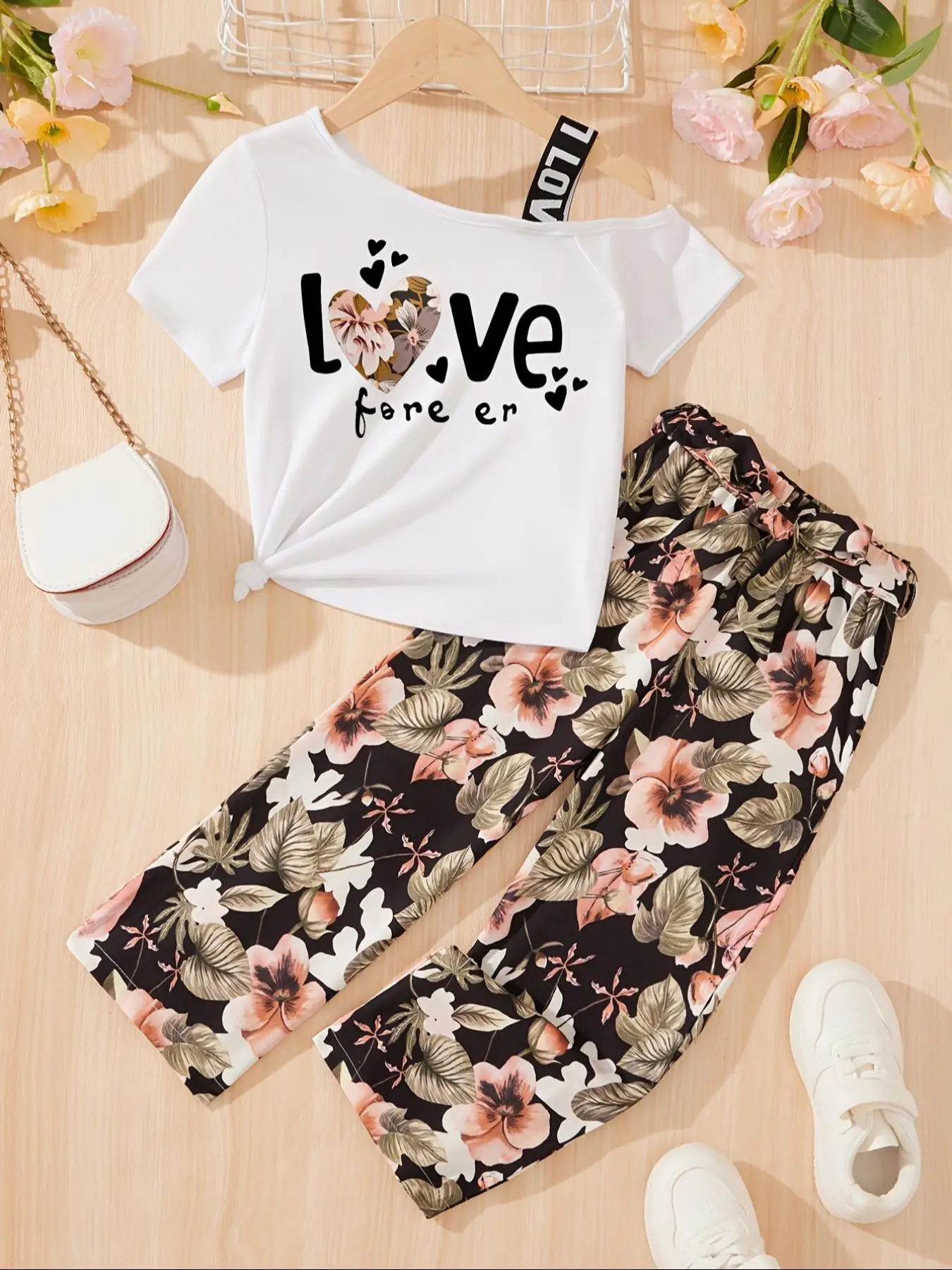 Girl's Letter Print Tee & Floral Print Wide Leg Pants Two-piece Set, Casual Fashion Short Sleeve Top & Trousers for Daily Outdoor Wear, Kids Cloth