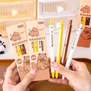 Set 4 cartoon boxed gel pens with capybara design, square themed style, cute simple, smooth ink flow, quick drying, ideal DIY study office writing record keeping, large capacity black gel pens