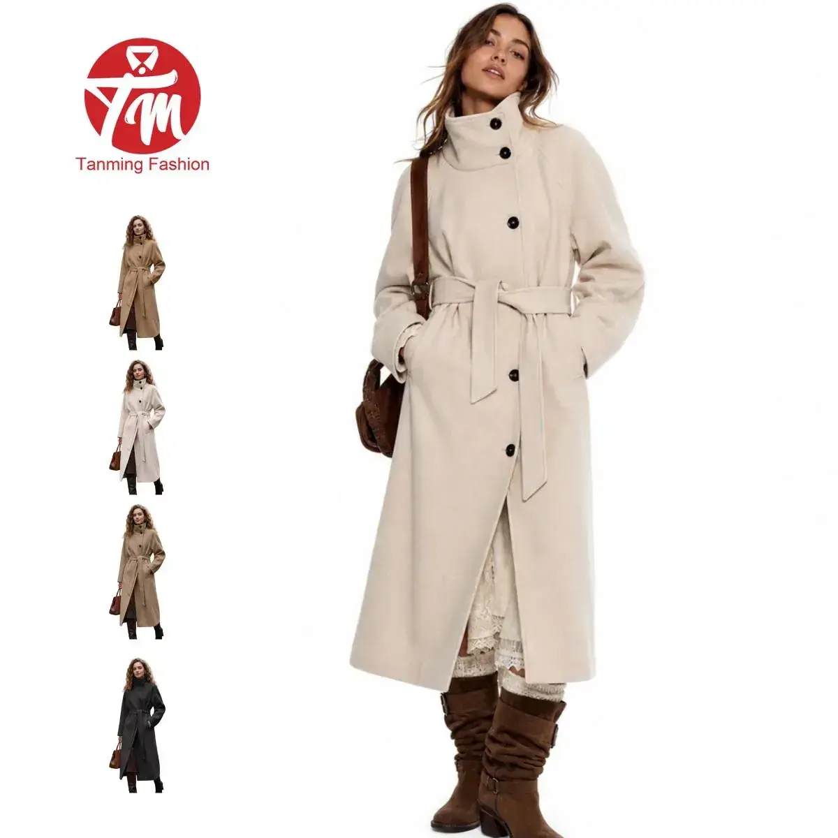 Tanming Women’s Long Trench Coat Wool Blend Belted Wrap Overcoat Elegant Double Breasted Lapel Winter Warm Dressy Outwear Womenswear Jackets