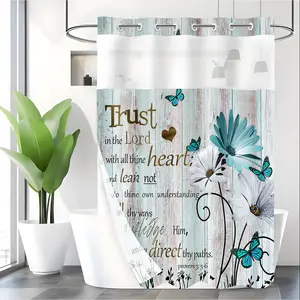 LVRLVR 1pc Farmhouse Style Weathered Wood Floral, Butterfly & Religious Scripture Pattern Polyester Double Layer Lined Shower Curtain 70.874 Inches/180188cm
