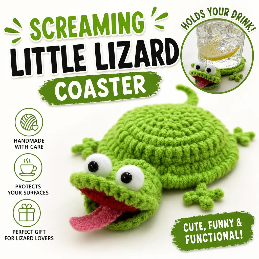 Handmade Crochet Screaming Lizard Coaster, Cute Funny Cartoon Reptile Drink Coaster, Heat Resistant Insulated Cup Mat, Handmade Stress Relief Desk Decor, Perfect Gift for Friends