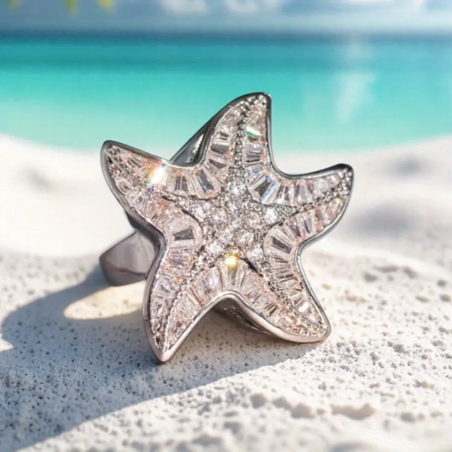 Chunky Bohemian Starfish Zircon Ring, Hip Hop Style Summer Beach Vacation Jewelry, Casual Everyday Ring for Women