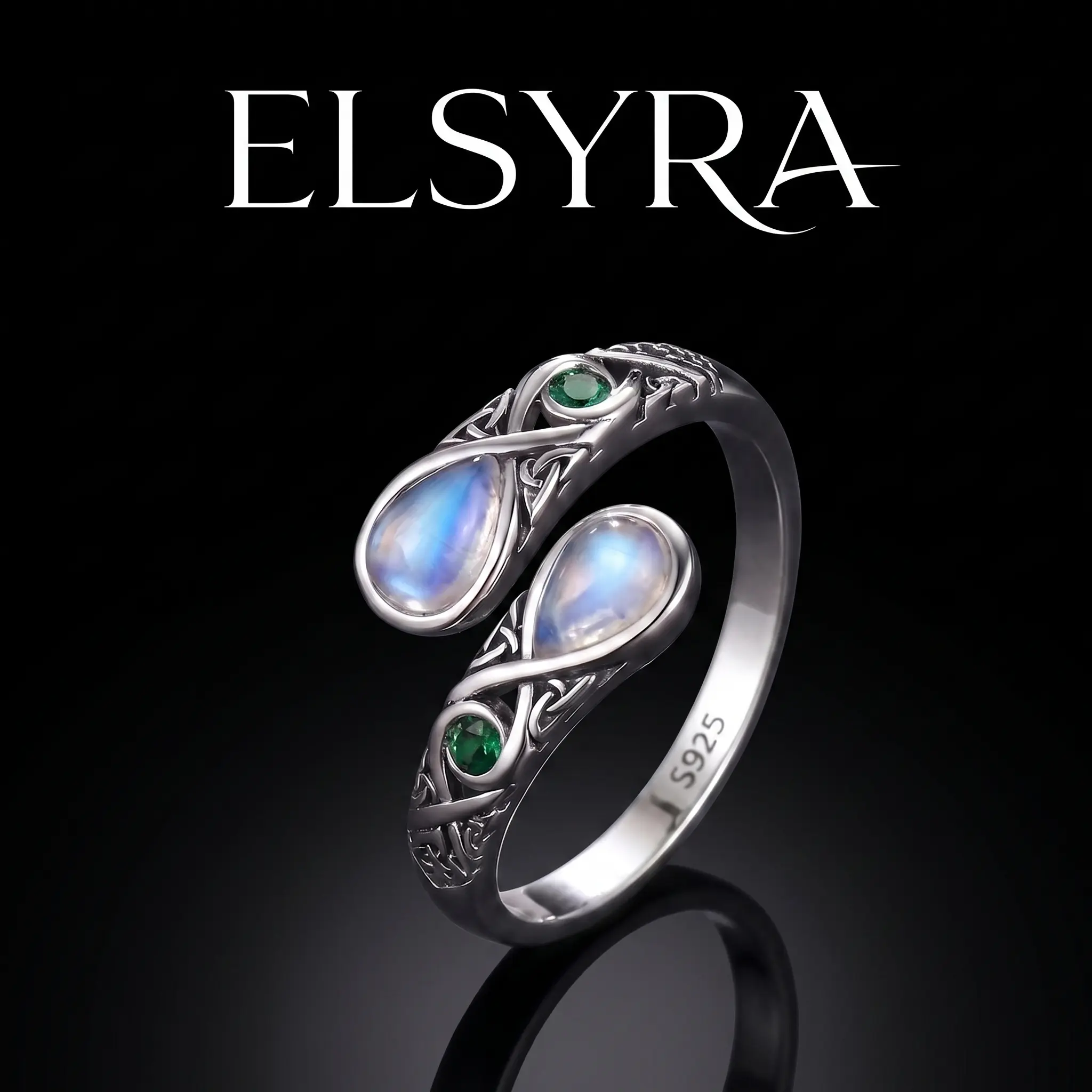 S925 Sterling Silver Elegant Rainbow Moonstone Ring with Celtic knot pattern and Devil's eye pattern – Vintage Victorian Style, Adjustable Thumb Jewelry for Women, green Devil's eye ring with love pattern,Spoon ring as a jewelry gift