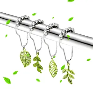 Forest Green Leaf Shower Curtain Hooks, 12pcs, Waterproof and Rustproof Alloy Pendant Decorative Rod Accessories for Bathroom, Happy Spring Summer Decoration Steel Flower
