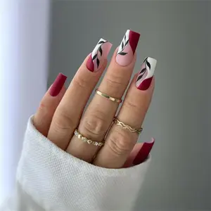 Leaf Pattern Fake Nail Kit, 24pcs French Style Press on Nails for Women & Girls DIY Nail Art Design, Elegant Stick on Nails Kit