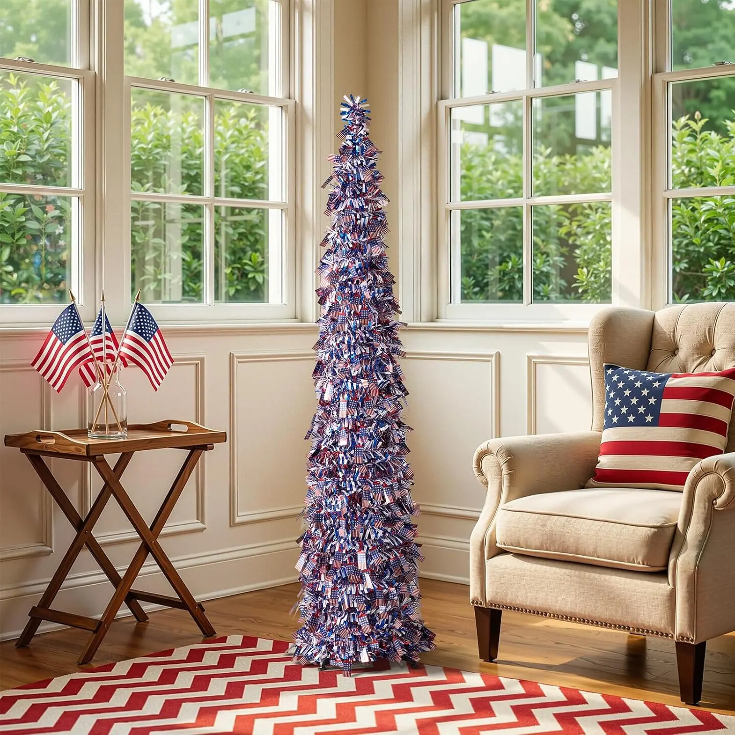 VeriNatural 5FT Patriotic Pop-Up Pencil Tree, Pop up Tree with Small Flags for Indoor Outdoor Party Decor