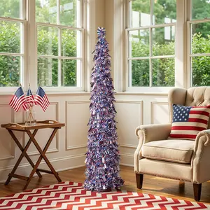 VeriNatural 5FT Patriotic Pop-Up Pencil Tree, Pop up Tree with Small Flags for Indoor Outdoor Party Decor