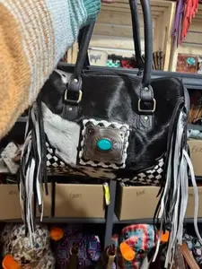 Genuine cowhide & leather checkered fringe medium duffel