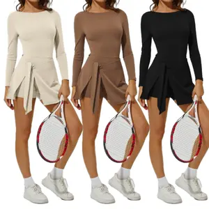 Women's Tennis Dress with Built-in Long Sleeve and Tie Front - Golf Athletic Romper Mini Dresses