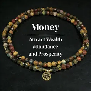 Vintage Verdigris Lotus Charm Plaque Money Magnet Beaded Necklace – Abundance & Prosperity Vibe