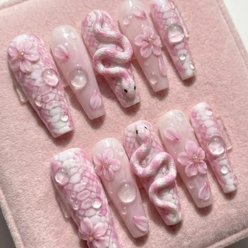 Pink 3D Snake Cherry Blossom Press On Nails Sculpted Water Drop Coquette