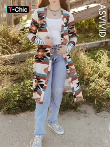 Women's Tribal Print Long Sleeve Cardigan, Casual Open Front Outerwear for Spring & Fall, Fashion Women's Clothing for Daily Wear