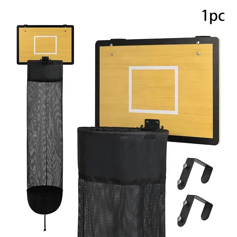 Wooden Basketball Hoop Laundry Hamper, Over-the-Door Hanging Laundry Basket with Drawstring Bottom, Space-Saving Clothes Storage for Kids' Rooms, Dorms and Bathrooms