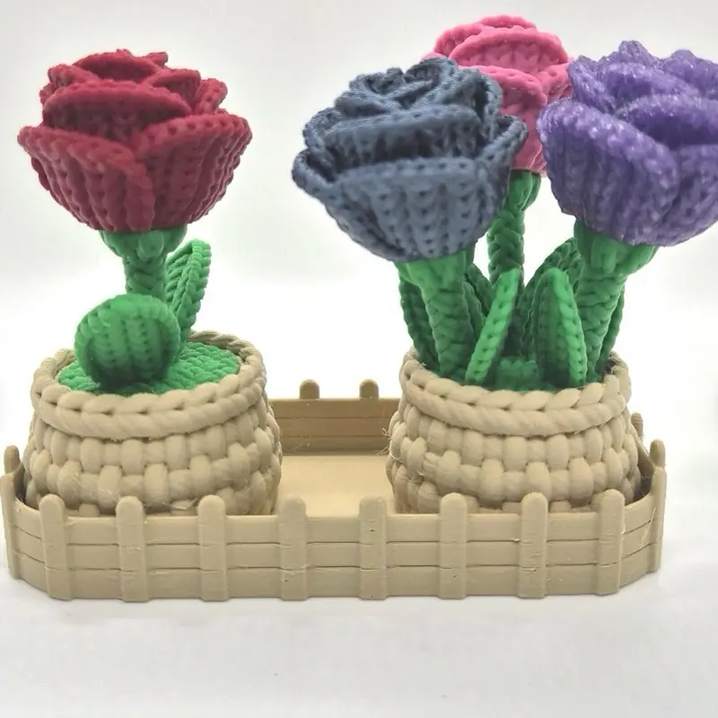 3D Printed Knitted Roses in Elegant Basket - Floral Arrangement for Home Decor- Desk and or bookshelf Color Figures