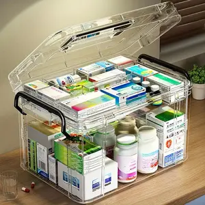 Large Capacity Double-layer Medicine Organizer Box, Waterproof Transparent Storage with Handle, Multi-compartment for Home & Travel