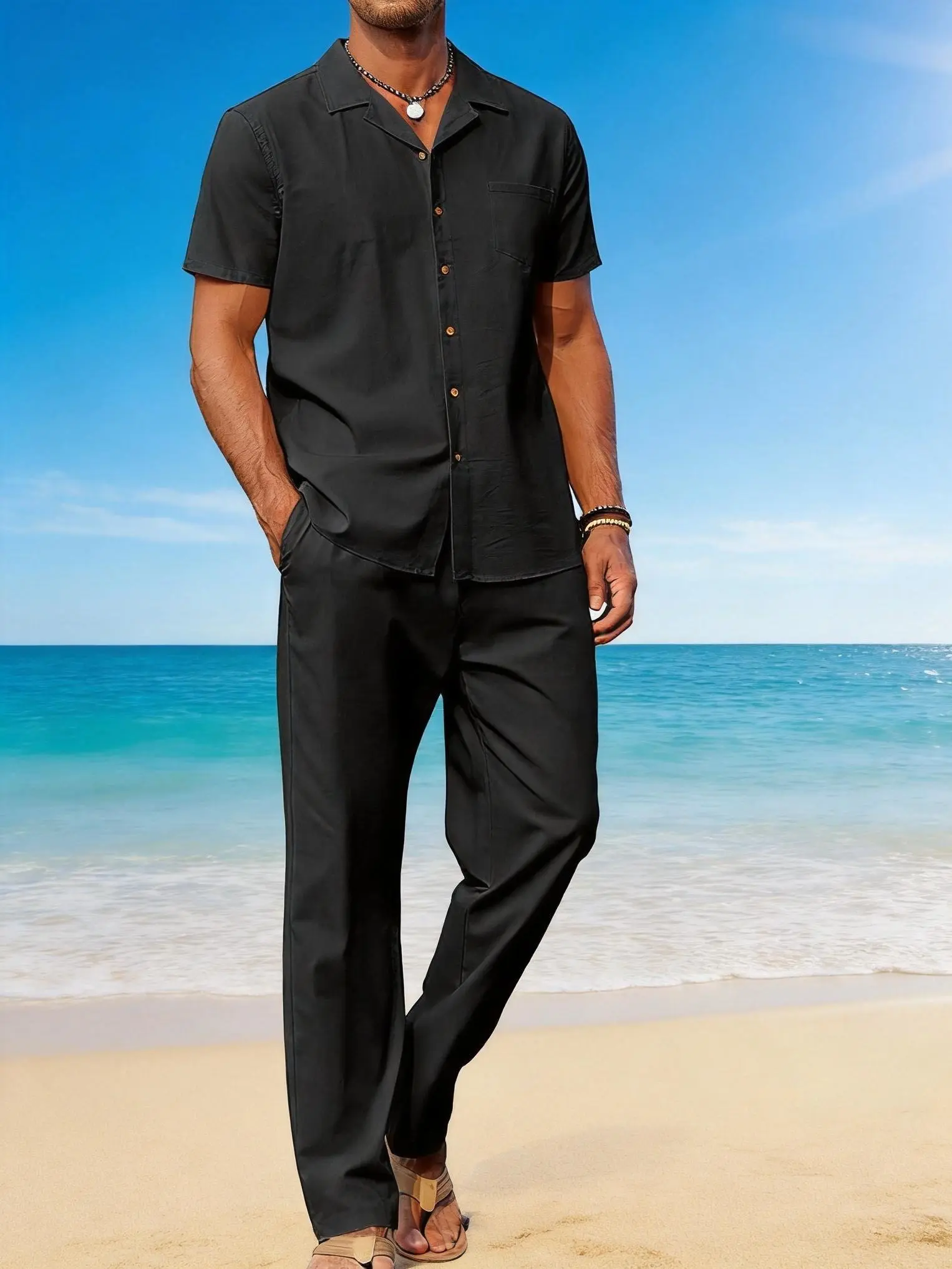 Men’s Black Lightweight 2-Piece Set – Short-Sleeve Shirt and Pants for the Beach