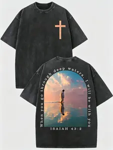 [BT] Vintage Washed Black Christian Oversized T Shirt, Isaiah 43:2 Jesus Walk On Water Cross Graphic Short Sleeve Tee Religious Faith Aesthetic Streetwear Top, Inspirational Bible Verse Religious Streetwear T-Shirt For Men