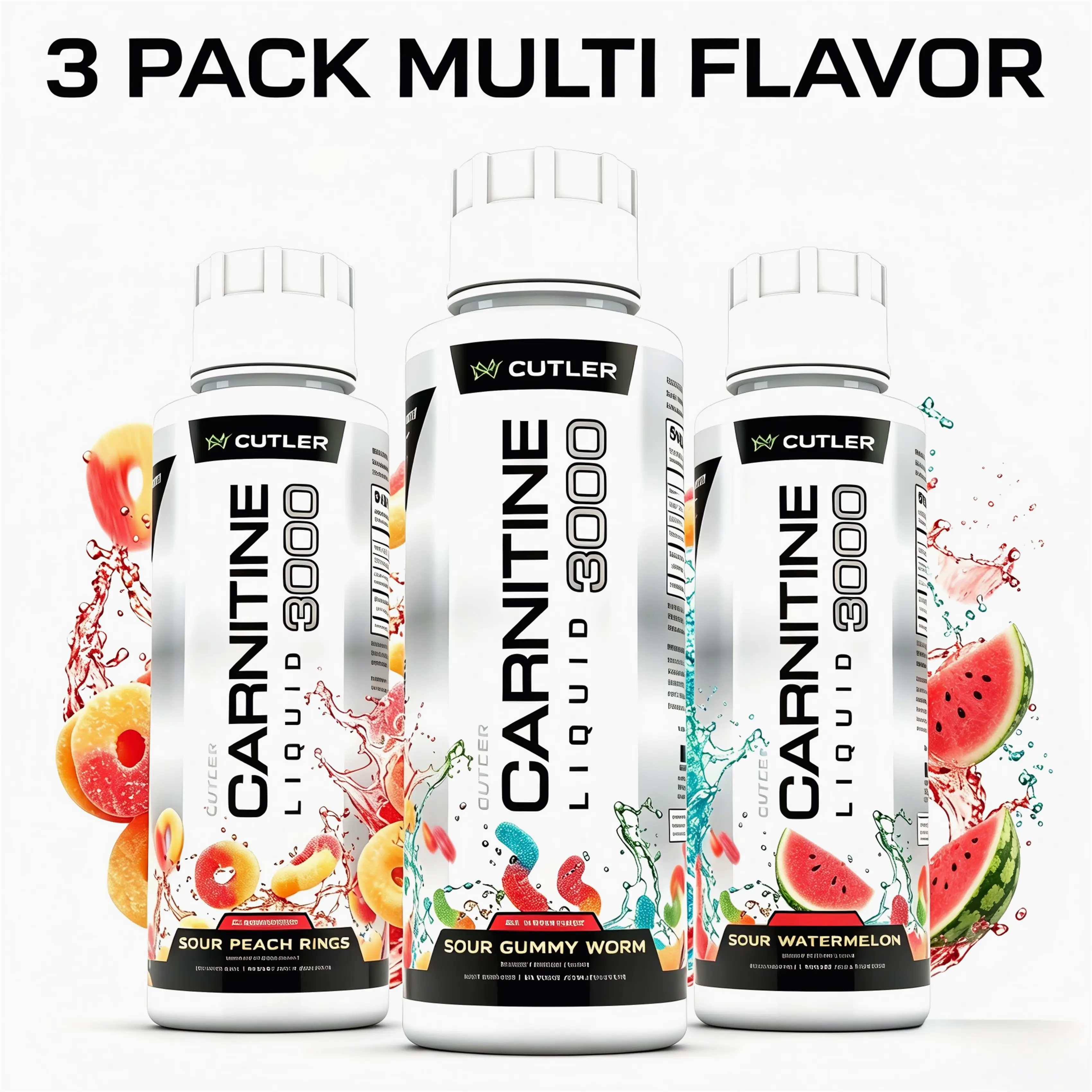 Cutler Nutrition Multi Flavor Carnitine Liquid 3000 Energy Sport Beverage Drink Variety Pack - Gummy Worm & Watermelon& Peach Rings