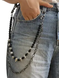 Layered Punk Spike & Black Bead Pant Chain | Edgy Accessory for Festival, Party & Streetwear Looks Adjustable Waist Chain