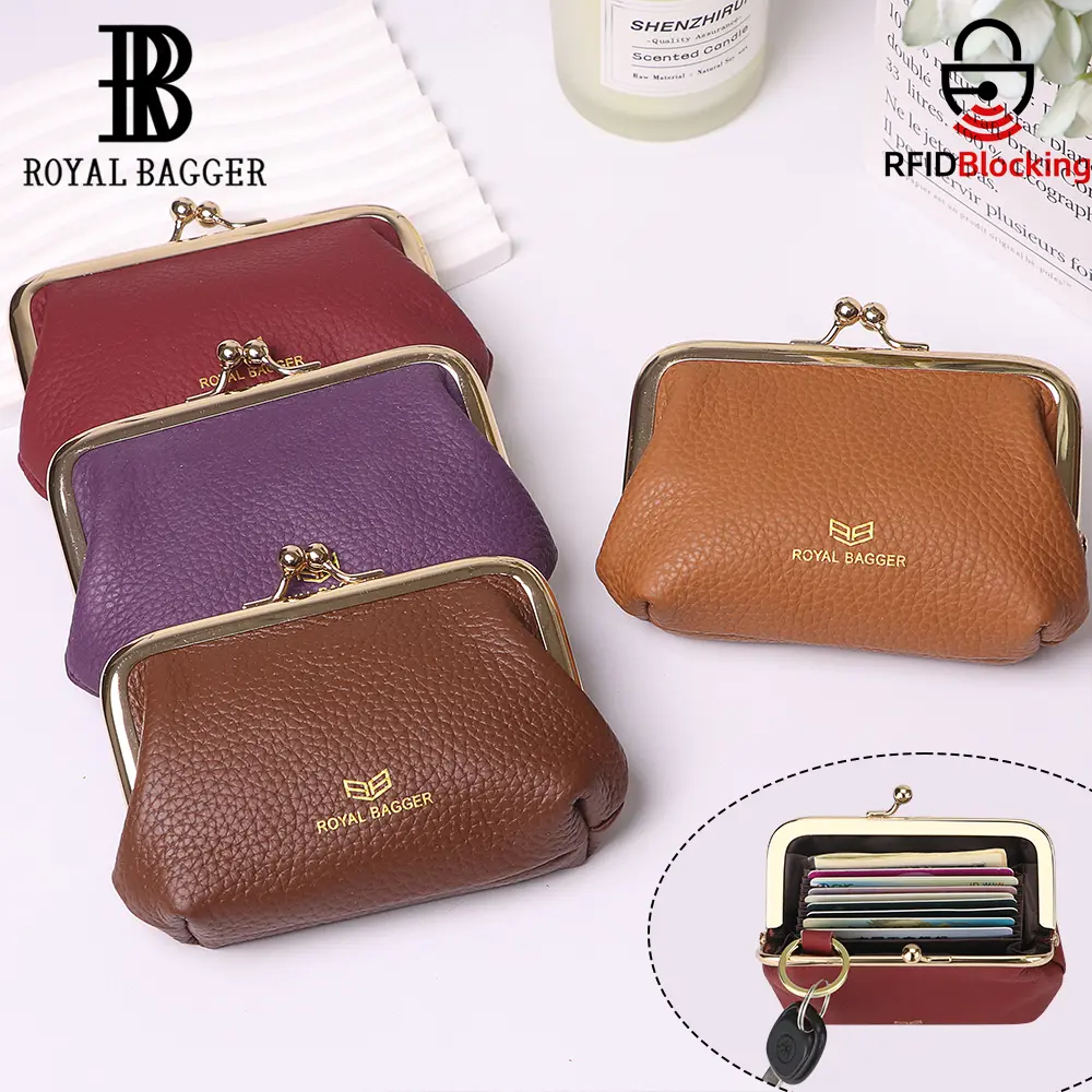 Royal Bagger Women's Kiss Lock Coin Purse, Mini Genuine Cow Leather RFID Wallet and Card Holder with Keychain, Turn-Lock