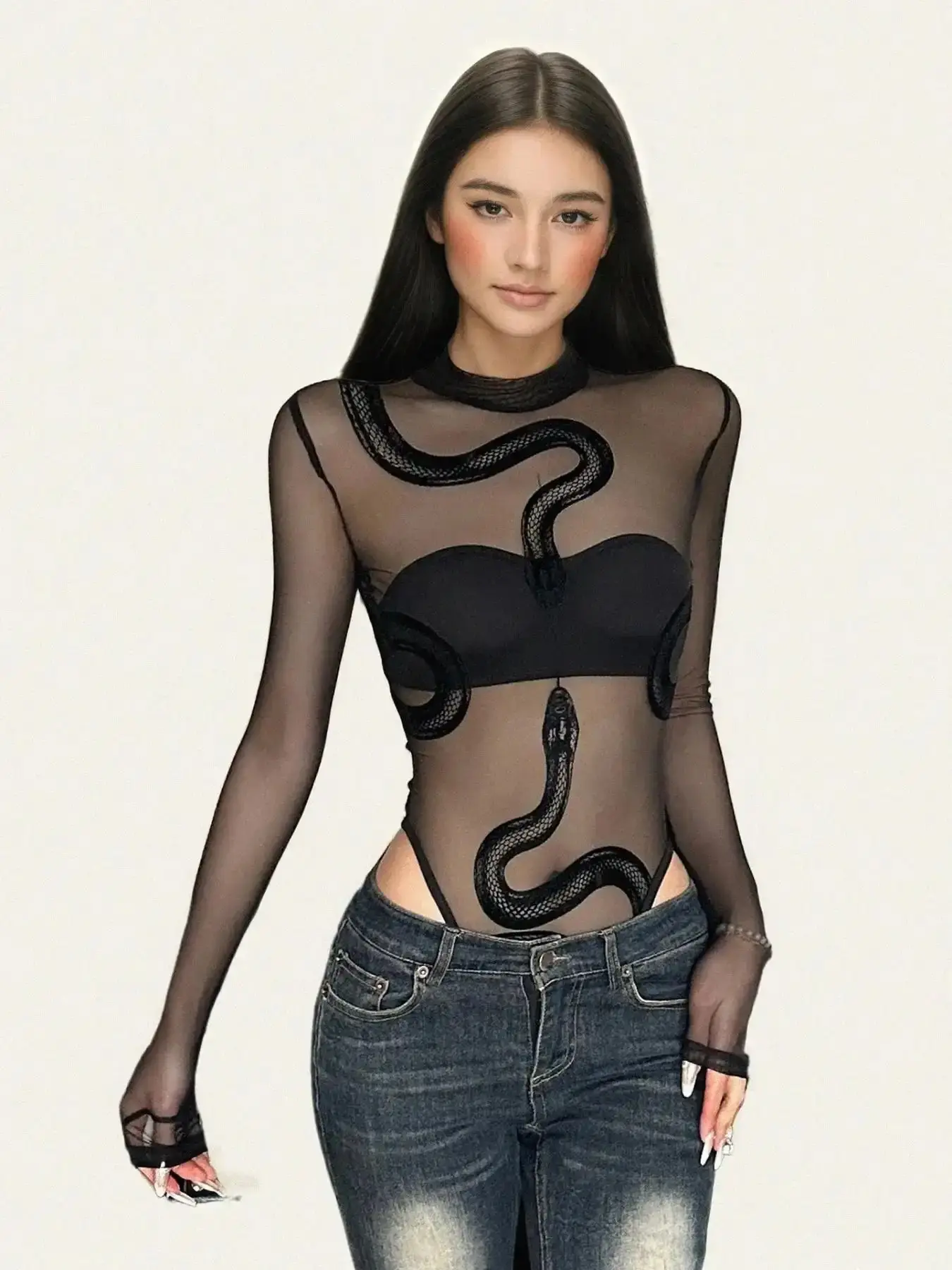 Women's Refined Solid Color Faux Fur Snake Print Mesh Long Sleeve High Neck Jumpsuit, Street Style Vintage Fashion for All Seasons Cutout Bodysuit, one-piece wonder, effortless chic, streamlined style