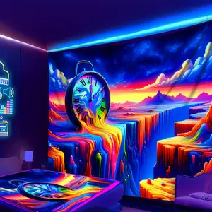 1pc Sci-Fi Fantasy UV Blacklight Tapestry - Large Fluorescent Wall Hanging with Vibrant Mountain & Clock Design, Peach Skin Fabric, Perfect for Bedroom, Living Room, or Office Decor, Includes Free Accessories, Space Room Decor