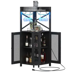 Corner Bar Cabinet with Power Outlet and LED Light, Industrial Wine Cabinet with Glass Holder, 4-Tier Liquor Cabinet for Home, Farmhouse Home Bar for Liquor and Wine Storage, Black