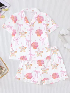 Shell Starfish Print Short Sleeve Pajama Set, Fire Retardant Sleepwear, Casual Button Front Shirt & Ruffle Shorts, All Seasons Pjs