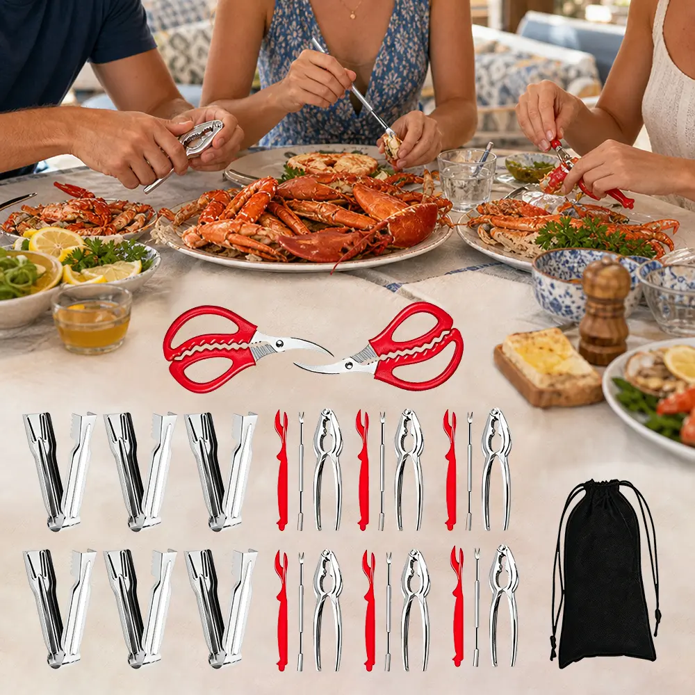 Crab Crackers and Tools, 27 Pack Seafood Tools Set, Includes 6 Crab Leg Crackers, 6 Lobster Shellers, 6 Crab Leg Forks/Picks, 6 Crawfish Tail Sheller Tool, 2 Seafood Scissors &1 Storage Bag, Nut Cracker Set