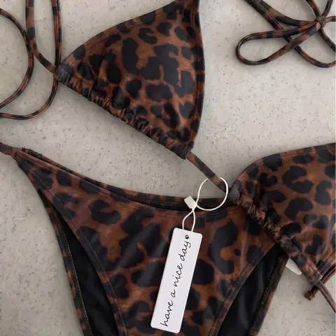 Vintage Leopard Print Bikini Set, High-Waist Triangle Bottoms, Two-Piece Design, Classic Pattern, Summer Beach Swimwear, Bikini Set Swimsuit, Bikini Swimsuits
