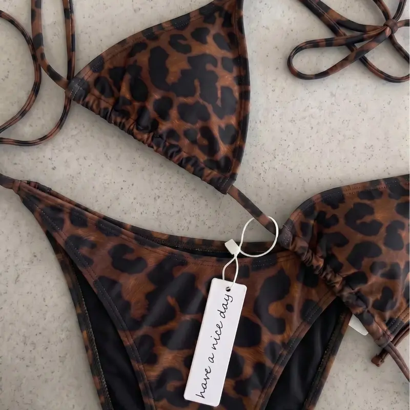 Vintage Leopard Print Bikini Set, High-Waist Triangle Bottoms, Two-Piece Design, Classic Pattern, Summer Beach Swimwear, Bikini Set Swimsuit, Bikini Swimsuits