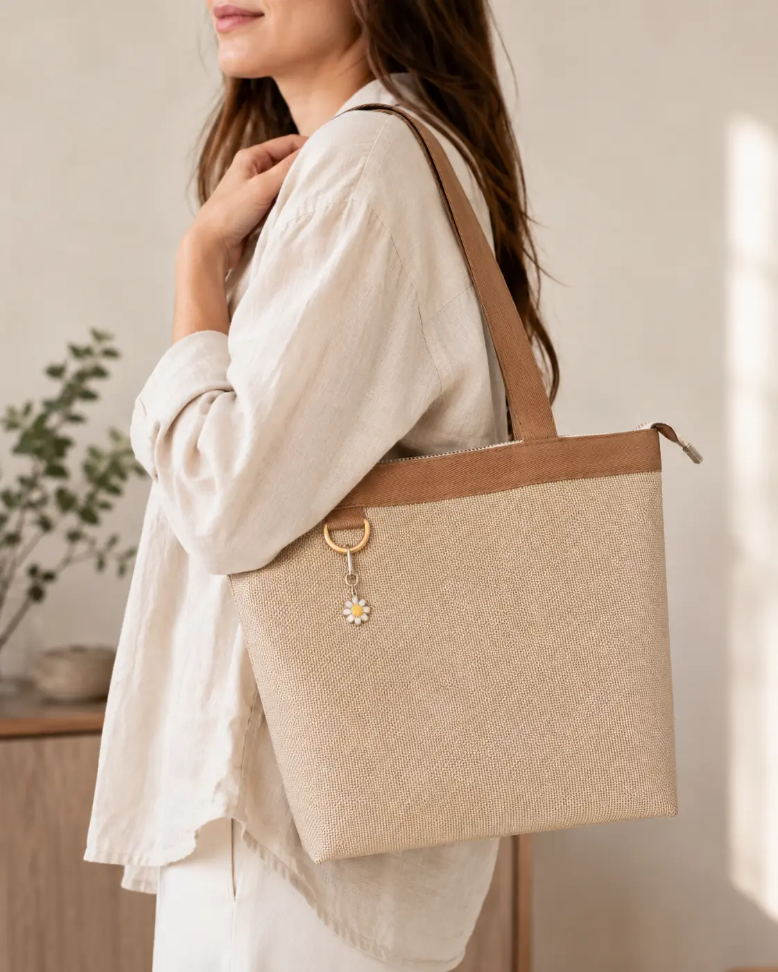 Beige Closed-Weave PVC Mesh Tote Bag with Brown Handles & Daisy Charm Lightweight Durable for Everyday Use 14"x12"x5"