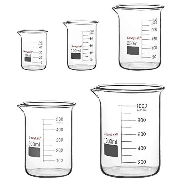 StonyLab Borosilicate Glass Graduated Low-Form Griffin Beaker Set, 5-Piece 50/100/250/500/1000ml Combo Pack for Heating, Concentration, Diluting Chemical Reagents, Kitchen Measuring & Laboratory Use, Reusable