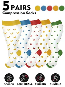 Unisex Plus Size Compression Sports Socks 5-Pack, 20-30 Mmhg Support, Knee-High Design for Running, Athletic Performance & Recovery