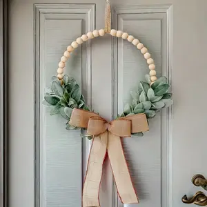 Charming farmhouse wreaths, with wooden beads, long bows and sheep ears - the ideal choice for home living room wall decoration, suitable for Halloween and Christmas, Wall Hanging Ornament