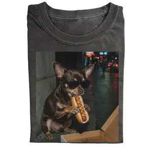 Funny Chihuahua Eating Hot Dog T-shirt, Vintage 90s Edgy Dog Meme Tee, Unisex Fit Design, Casual Streetwear, Gift for Dog Lovers