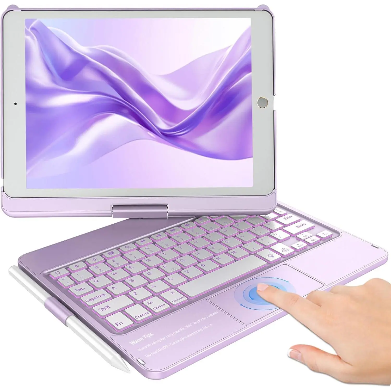 Backlit Trackpad Touchpad Keyboard Case with Pencil Holder - 360-Degree Rotatable Tablet Accessory for iPad 7th/8th/9th Gen 10.2 in (Light Purple), Accessories