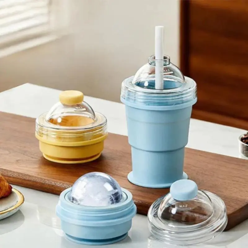 Food Grade Silicone Foldable Sphere Ice Ball Maker Cup with Straw & Lid, Reusable Collapsible BPA-Free Portable Tumbler for Summer Outings (Home & Festive Party Supplies)