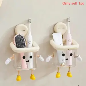 Cute Kawaii Cartoon Toothbrush Holder Wall Mounted. Funny Clear Bathroom Organizer Vanity Storage Box for Makeup Brushes Comb. No Drill Adhesive Home Decor Kids Dorm Desk Gadget Bathroom Accessory