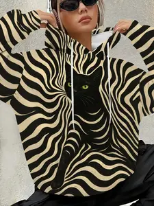 Trendy Zebra Print Cat Hoodie Pullover for Women, Casual Street Style Fitted Sweatshirt, Fall & Winter Fashion, Moderate Fabric Statement