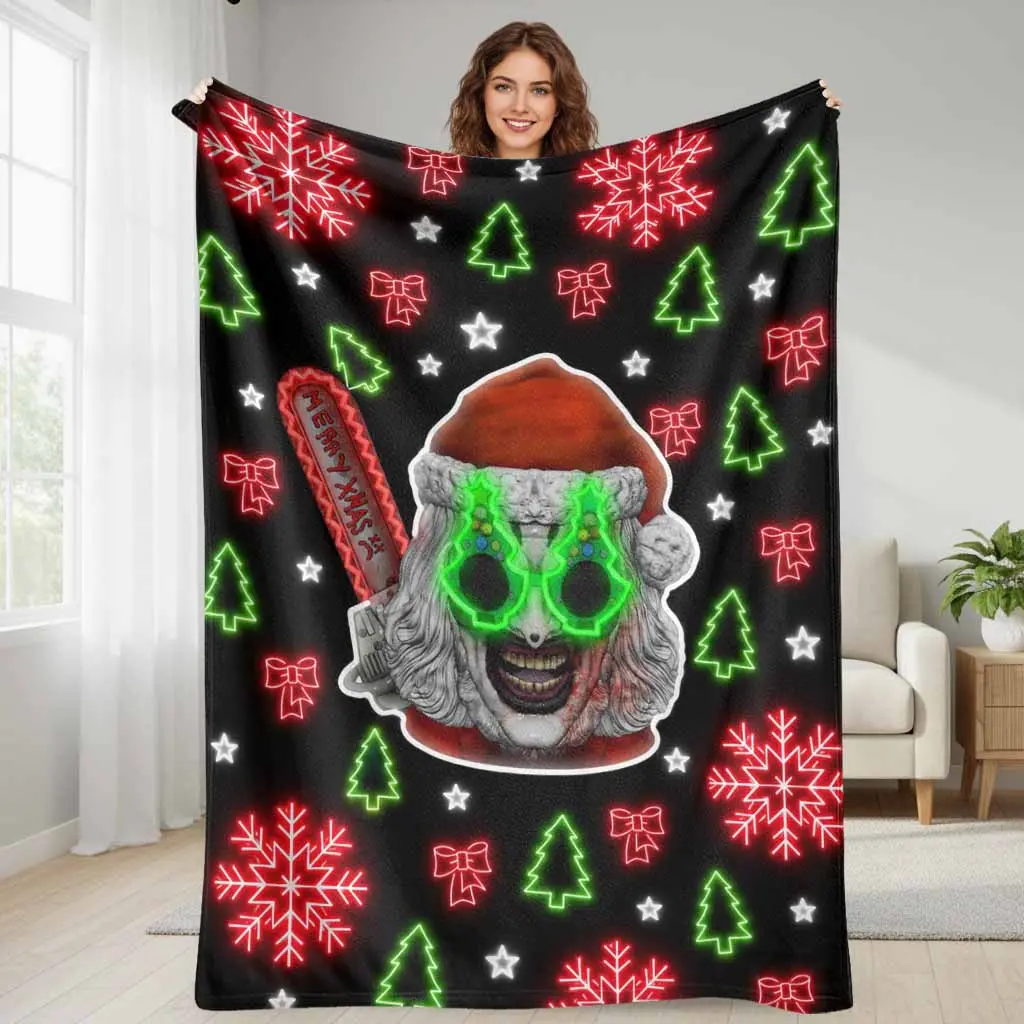 Christmas Santa Claus Flannel Blanket Neon Tree Glasses Pattern Throw Soft Lightweight Warm Cozy Fuzzy Bedding Accessory Ideal for Holiday Home Decor Couch Sofa Bed Travel Gift