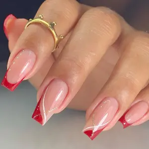 Red Square Fake Nail, 24pcs/set French Style Nail Art Design Press on Nails with Nail File & Jelly Glue, Removable Full Cover Artificial Fake Nail, Women Girls DIY Manicure