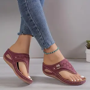 Women's Wedge-heeled Flip-flops Openwork Toe-post Velcro Closure Summer Outdoor Slippers Comfortable Leather Sandals Fashion Footwear platform sandals
